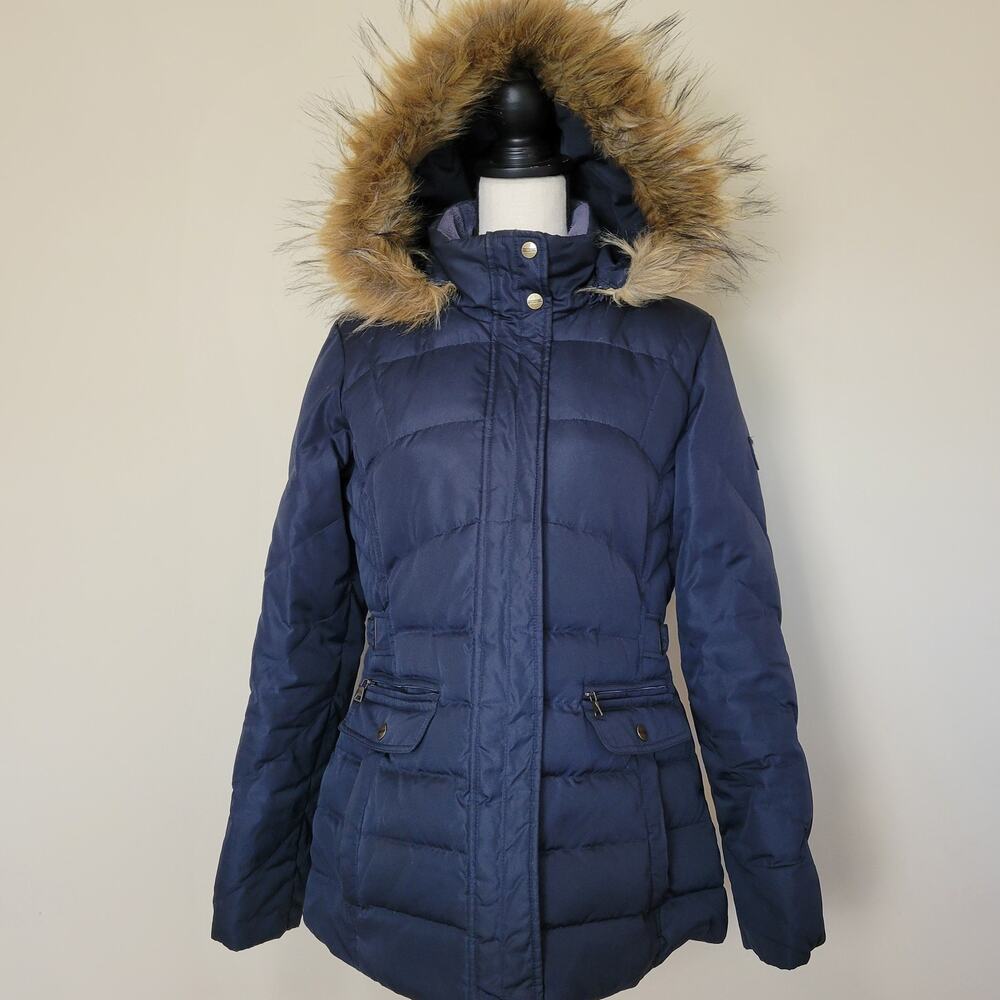 Larry Levine Down Sz S Quilted Puffer Jacket Coat Faux Fur Trim Detachable Hood